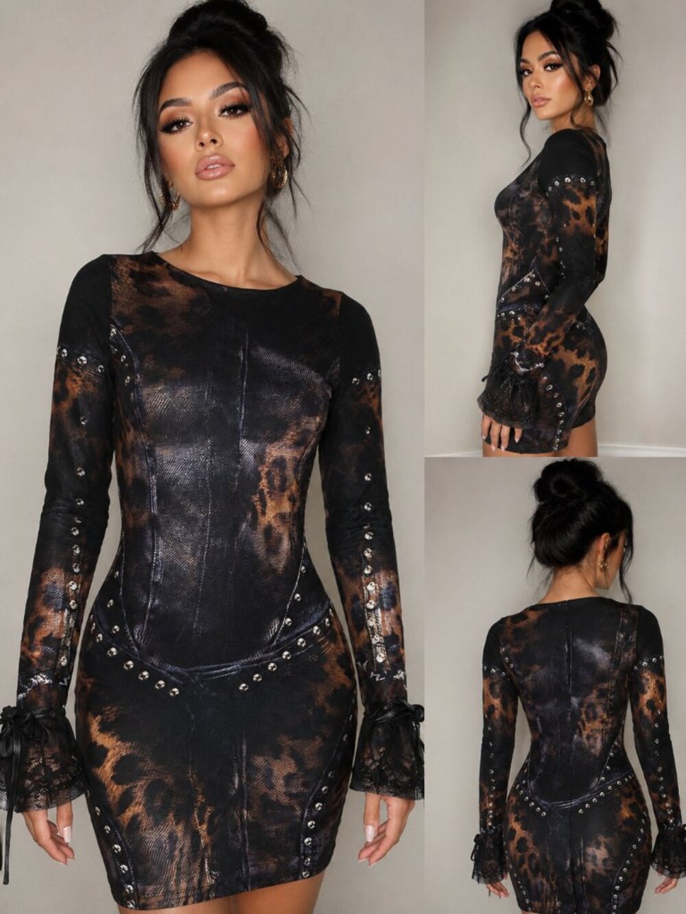 Murci Leopard Mesh Corset Print Mini Dress Studded Bow Sleeve Bodycon US 2 New
